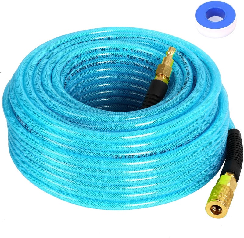 FYPower Air Compressor Hose 1/4 Inch x 100 Feet Reinforced Polyurethane (PU) Air Hose with Fittings, Bend Restrictors, 1/4" Industrial Quick Coupler and Plug Kit, Blue - Image 1